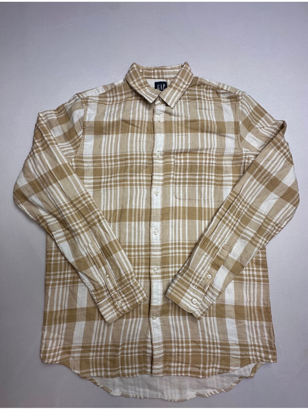 GAP Men's M Tall Tan Plaid Standard Fit Button Up Shirt